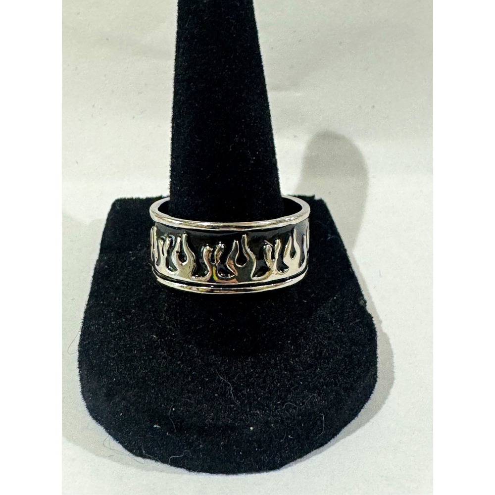 Stainless Steel Silver/Black Flame Biker Band Ring 8mm Size 7 MPN 0143